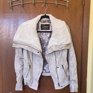GUESS Cream Faux-Shearling Collar leather Jacket
